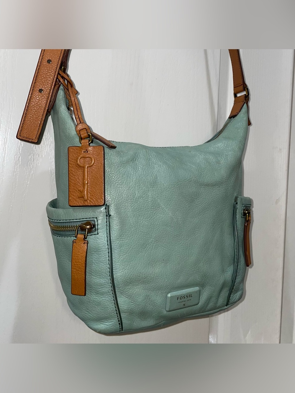 Fossil Leather Sea Green Mint Crossbody Shoulder Bag Boho Tahoe Indie Resortwear - Picture 3 of 16